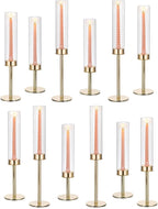 Gold Candlestick Hurricane Candle Holder: Glasseam Candlestick Holders for Taper Candles Bulk 12, Modern Candle Stick Candle Holder with Glass Chimney, Fireplace Candle Holder for Dining Table Decor