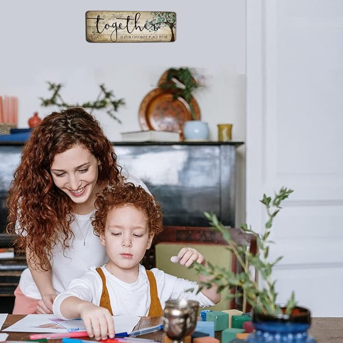 Family Art Decor Inspirational Quotes Wall Hanging Sign - Together is Our Favorite Place to Be - Motivational Home Art Decor Wood Plaque Sign 16"x5"