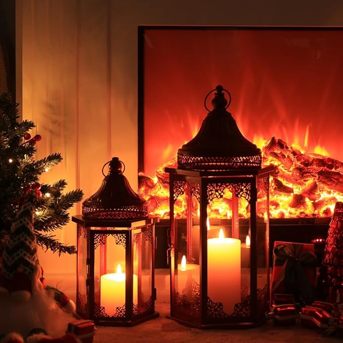 NEEDOMO Christmas Decorations Set of 2, 22''/15'' Christmas Lantern with Glass Panels for Home Decor, Decorative Hanging Lantern Indoor Outdoor for Xmas Table Centerpieces, Porch, Patio(Red)