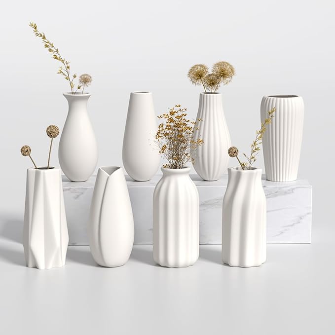 OERGKE White Ceramic Vase with Painting Kit Small vases for Flowers, Home Farmhouse Decor Modern Boho Vases for Living Room, Office, Dining Table, Bedroom, Kitchen Shelf(8packs)