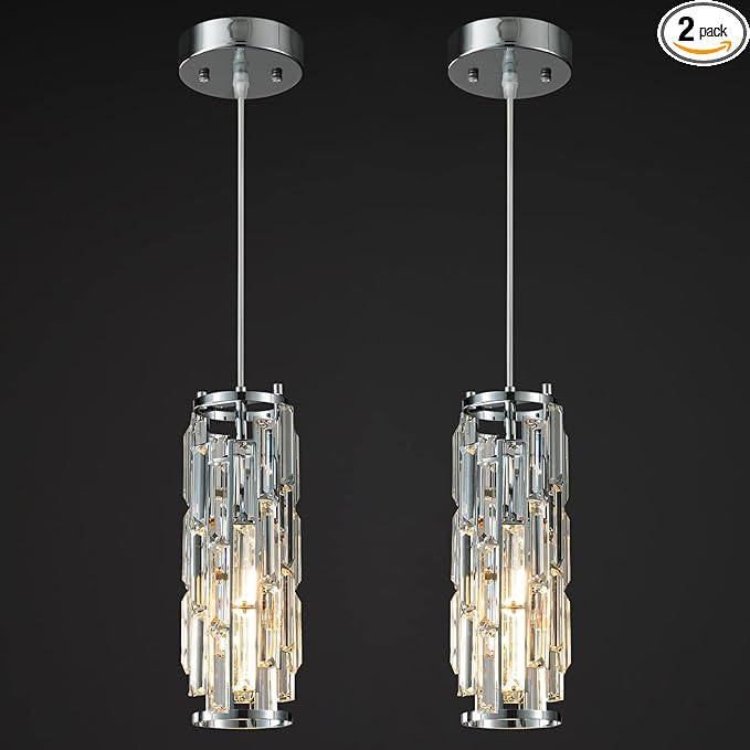 LMQNINE Pendant Lights Modern Chrome Pendant Light Mini Crystal Chandelier Pendant Lighting for Kitchen Island Dinning Room Bedroom Kitchen Sink Lighting (Chrome 2-Pack)