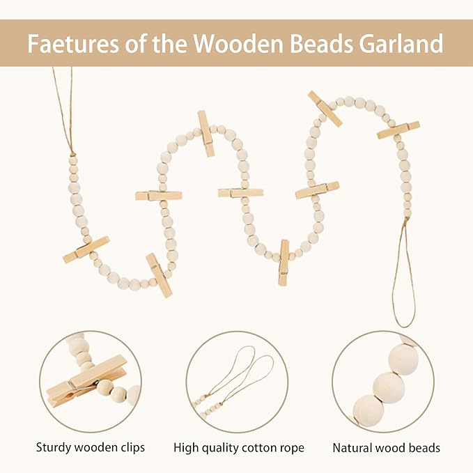 2PCS Boho Hanging Photo Display with Clips - Wooden Bead Garland String,Photo Collage Holder for Dorm,Cubicle & Teen Girl Room Decor,Picture Wall Banner with Clips for Bedroom Office Decorations