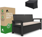 EconoHome 3 Seat Outdoor Storage Bench with Rain Cover - 90 Gallon Capacity - Weatherproof Resin Bench for Patio, Porch, Garden, Yard, Pool Area - Furniture for Pool Accessories, Gardening Tools
