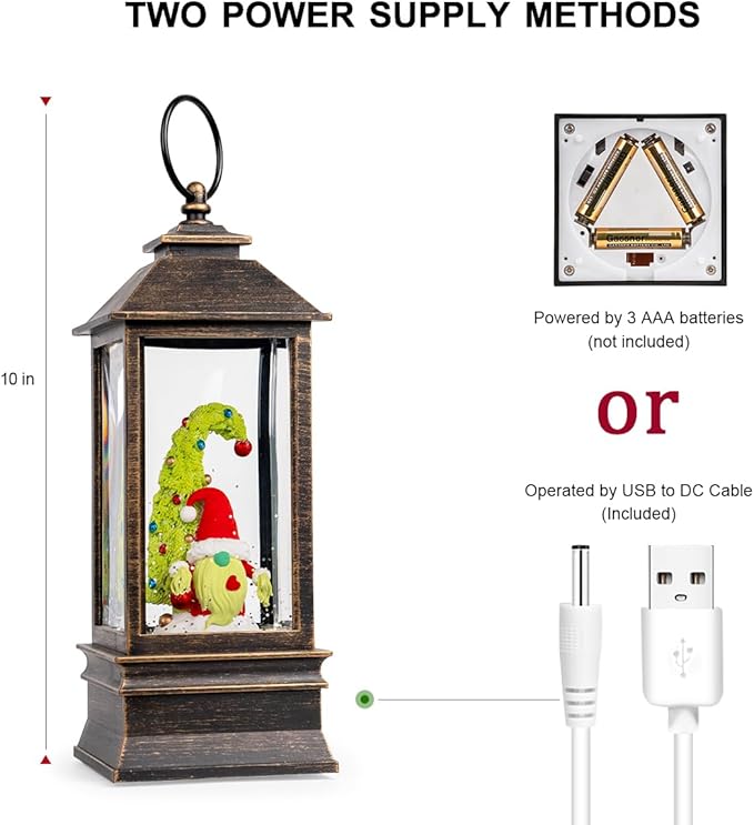10'' Christmas Gnomes Snow Globe Lantern Lighted Santa Elf Musical Water Lantern Swirling Glittering Home Decoration and Gift, Battery Operated or USB Powered