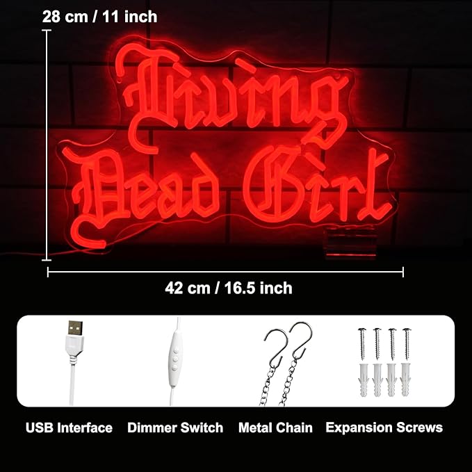 Living Dead Girl Neon Sign Gothic Scary Neon Light Red Letter LED Sign Dimmable Phrase Neon Light Up Signs for Haunted Mansion Halloween Party Horror Room Decor Words Lights Old English Font