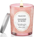 M&SENSE Jasmine Rose Candle, Cracking Wooden Wick Soy Wax, 18oz 100 Hours Long Lasting Clean Burn, Large Jar Candles for Home Scented, Non-Toxic Relaxing Aromatherapy Gifts for Women