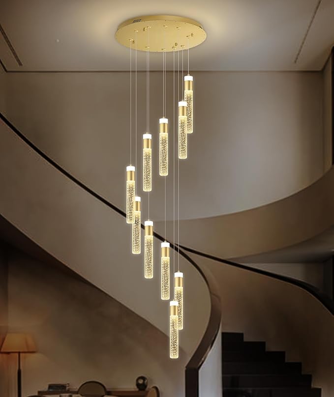 10-Lights Gold Crystal Chandeliers 110 inch Long Spiral Crystal Chandelier for High Ceiling Modern LED Foyer Ceiling Chandeliers Dimmable 3000-6000K