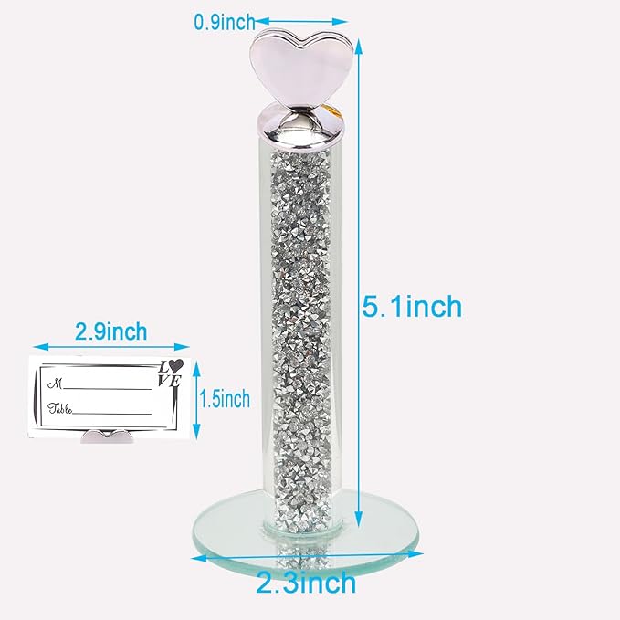 TACIDON 10Pcs Heart Table Number Holders with 10Pcs Table Numbers, Glamorous Crystal Crushed Diamond Place Card Holder, Table Card Holders for Home Wedding Dinner Party Events Decoration (Silver)