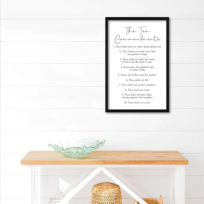 flowtorely The Ten Commandments Sign Bible Verse Wall Decor 16"×11" Christian Catholic Scripture Large Wooden Framed Wall Hanging Art (Black)