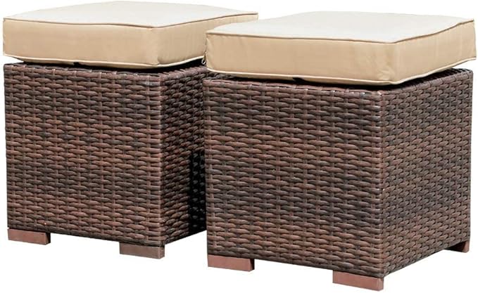 Patiorama 2 Pieces Assembled Outdoor Patio Ottoman, Indoor Outdoor All-Weather Dark Brown Wicker Rattan Outdoor Footstool Footrest Seat with Beige Cushions, No Assembly Required