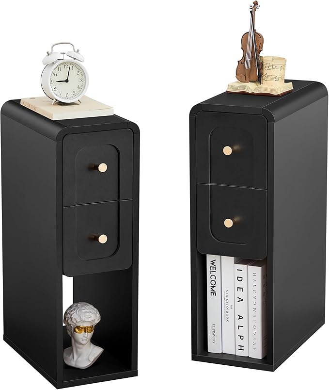 Small Nightstand Set of 2, Wooden Narrow Nightstands with 2 Drawers, Vintage Side End Table for Small Spaces, Skinny Night Stand, Bedside Table for Bedroom, Living Room (Black-2PCS)