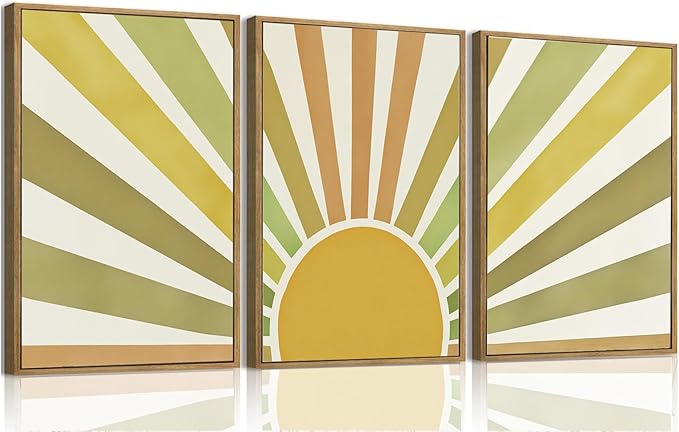 Bwodke Boho Wall Art, Framed Abstract Sunshine Wall Art, Sun Rising Neutral Canvas Wall Decor, Mid Century Geometric Pictures Set of 3, Minimalist Paintings, for Bedroom Living Room Bathroom 16"x24"