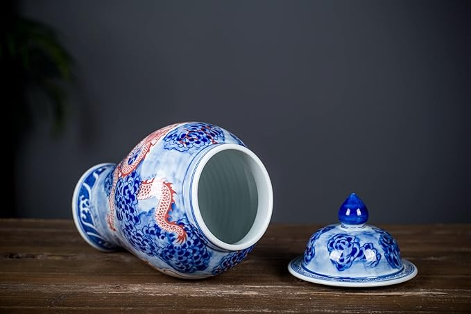 Chinese Ceramic Jar Ginger Jars with Lids for Home Décor Hand Painted Dragon Blue and White Porcelain Underglazed Red Vase Ornaments from Jingdezhen
