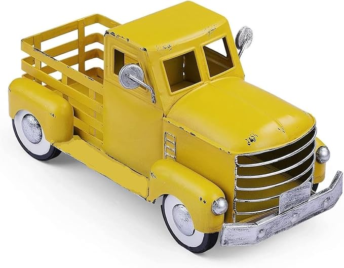 Metal Truck Decor,Farmhouse Truck Decor,Decorative Tabletop Storage & Pick-up Metal Truck Planter,12.5" x 5.75" x 6.25" inches (Yellow)
