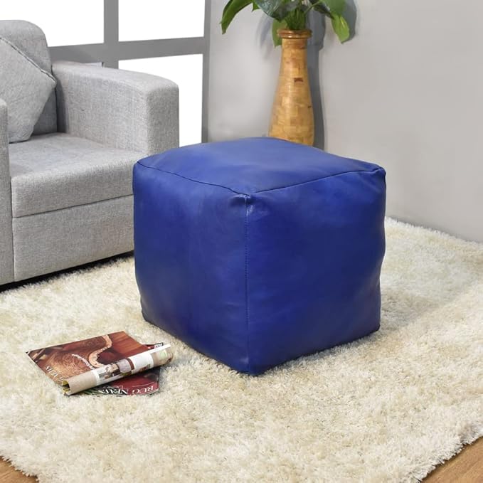 PF12 Square Shaped Goat Leather Handmade Eco-Friendly Blue Pouf - 14" x 14" x 14", Plain Solid, Recycled Cotton Filled