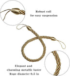 BEL AVENIR Curtain Ropes Tiebacks Tie-Backs, Curtain Handmade Holdbacks with 2 Metal Screw Hooks - Golden 2 Pack