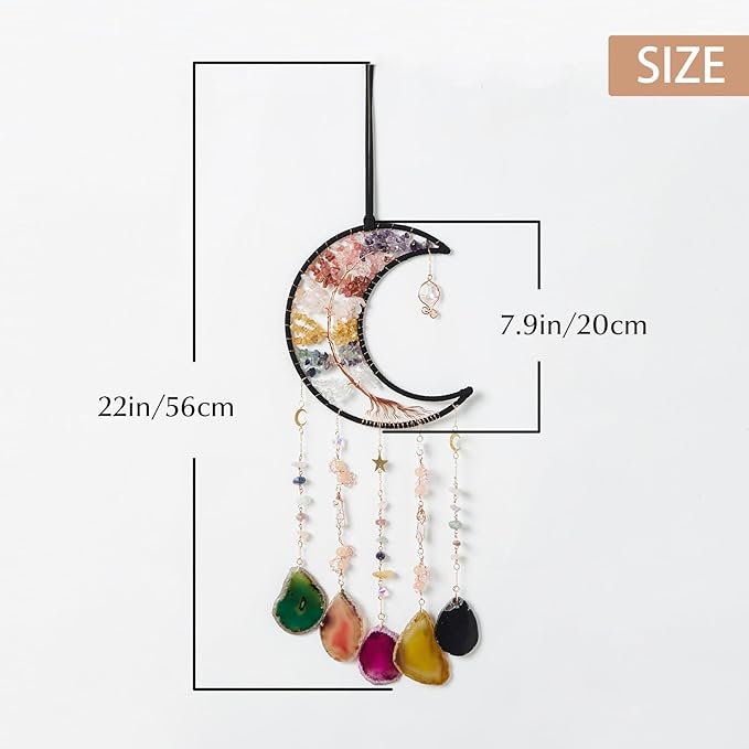 Rainbow Agate Gemstone Big Dream Catcher 7 Chakra Tree of Life Dream Catcher with Crystal Stones Handmade Dreamcatcher Wall Decor for Adults Boys Girls,Bedroom,Garden,Bless Gift(Large Colorful Moon)