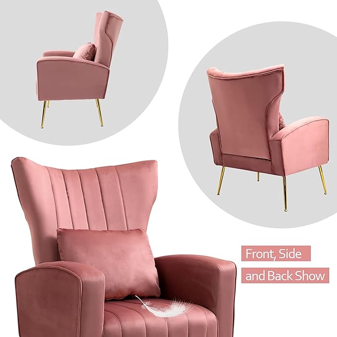 X-VOLSPORT Velvet Accent Chair, Mid Century Modern Wing Back Living Room Chair with Waist Pillow, Upholstered Arm Chair with Metal Gold Legs for Bedroom, Club, Pink