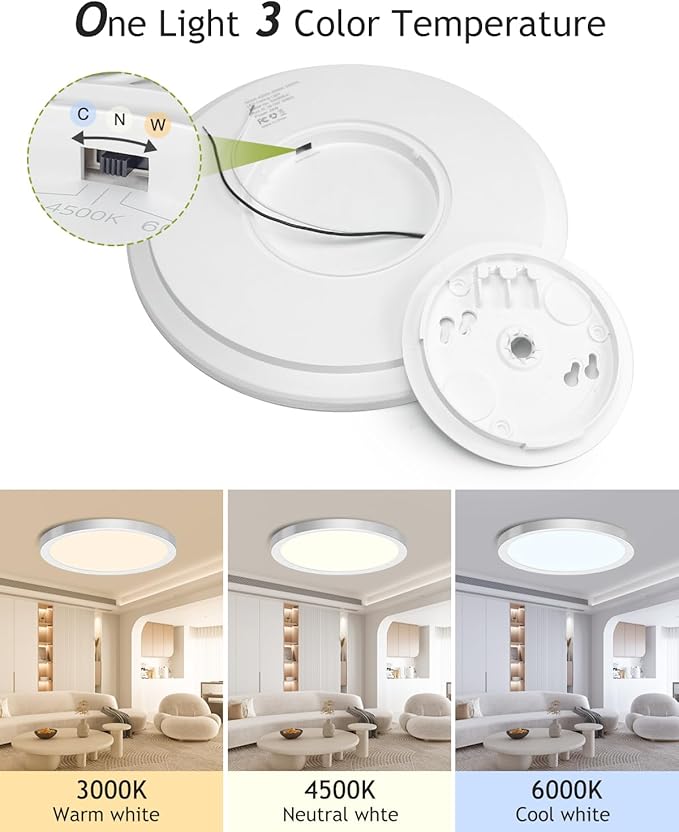 hepside 2PACK Flush Mount LED Ceiling Light Fixture Brushed Nickel, 12Inch 28W, Dimmable 3000K-4500K-6000K 3 Color Selectable Ceiling Lamp 3200LM Low Profile Ceiling Light for Kitchen Bedroom Hallway