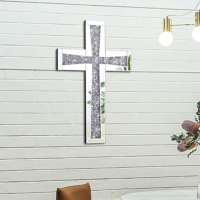 Aeveco Silver Mirrored Wall Cross 20×13 inch, Crystal Crush Diamond Cross for Wall, Living Room, Bedroom, Home Decor