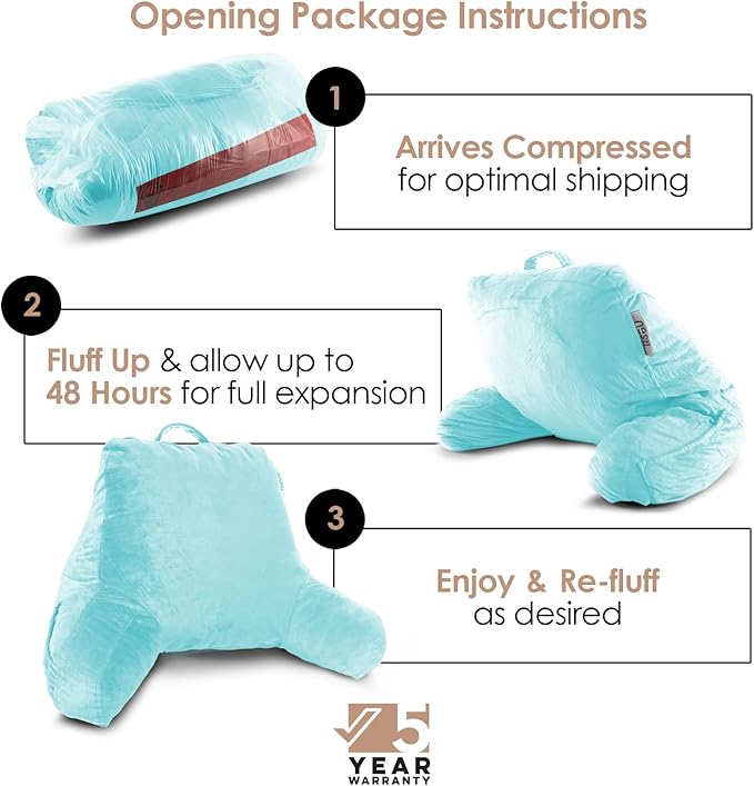 Nestl Reading Pillow Standard Bed Pillow, Back Pillow for Sitting in Bed Shredded Memory Foam Chair Pillow, Reading & Bed Rest Pillows Light Blue Back Pillow for Bed, Bed Chair Arm Pillow with Pockets