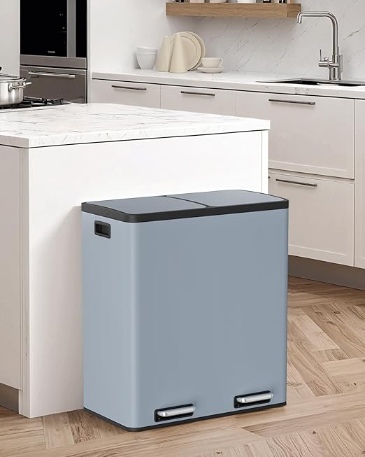 Arlopu 16 GallonStainless Steel Trash Can, 60L Dual Compartment, Metal Kitchen Step Recycle Bin, Metal Double Dustbin, in-Home Garbage Rubbish Can W/Removable Liner Buckets (Haze Blue)