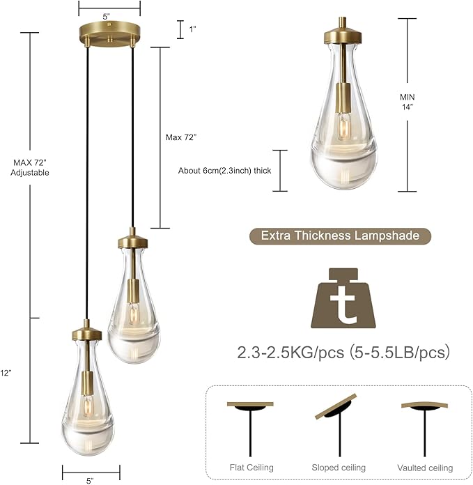 Modern Raindrop Pendant Lights, Brass Cluster 2-Light Pendant Lights Kitchen Island, Gold Bedside Pendant Lighting, Adjustable Suspension Cord for Dining Room,Bathroom,Bedroom,Bulb Included