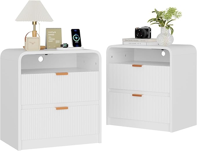 FURSUN 24" Fluted Nightstand Set of 2 with Charging Station, Wooden End Table with 2 Drawers Storage, Curved Profile Design, Modern Bedside Cabinet for Bedroom Living Room, White