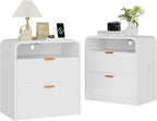 FURSUN 24" Fluted Nightstand Set of 2 with Charging Station, Wooden End Table with 2 Drawers Storage, Curved Profile Design, Modern Bedside Cabinet for Bedroom Living Room, White
