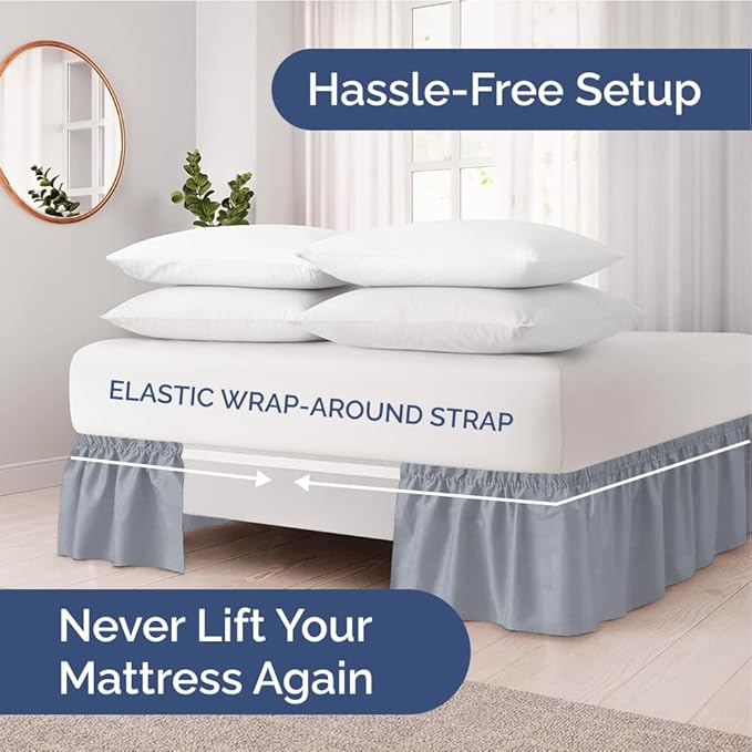 Wrap Around Dust Ruffle Bed Skirt - Steel Blue - Twin/Twin XL Size Beds w/ 15 Inch Drop - Easy Fit Elastic Strap- Adjustable Pleated Bedskirt w/Brushed Fabric - Wrinkle Free, Women, Men, Kids & Teens