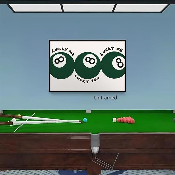 Green 8 Ball Poster, Lucky Me Lucky You Lucky Us Quote Canvas Wall Art, Playful Billiards Balls Picture Print, Retro 8ball Pool Painting for Bar Cart Game Room Man Caves Wall 16x24in Framed