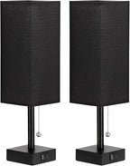 Bedside Table Lamps Set of 2 - Black Bedroom Lamps with 3 Color Temperatures (3000K/5000K/4000K), Two Square Nightstand Lamps with USB C + A Charging Ports, Pull Chain Small Night Light for End Table