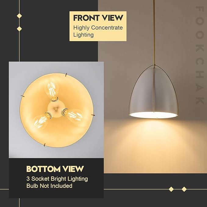 White Gold Pendant Light 3-Light Socket Large Pendant Light Fixture with Adjustable Pendant Rod 12in Dome Kitchen Pendant Lighting for Kitchen Island Dining Room Kitchen Sink, E26