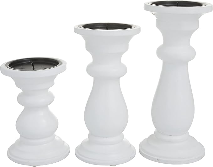 Deco 79 Mango Wood Turned Style Pillar Candle Holder, Set of 3 10", 8", 6"H, White