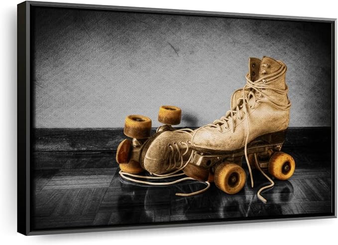 ElephantStock Vintage Skates Pop Wall Art - Horizontal Framed Canvas - 1-Piece Living Room Wall Decor - Sport Photography Canvas Print - Beige and Black Decor for Wall - 19" X 13"