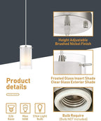 3-Light Pendant Light, Indoor Glass Hanging Light Fixture, Adjustable Height, Brushed Nickel Finish for Kitchen Dining Room