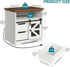 Farmhouse End Table with Charging Station, Sofa Side Table with 2 Drawers and Barn Door, Rustic Wooden Nightstand Bedside Table for Bedroom, Living Room,White and Walnut