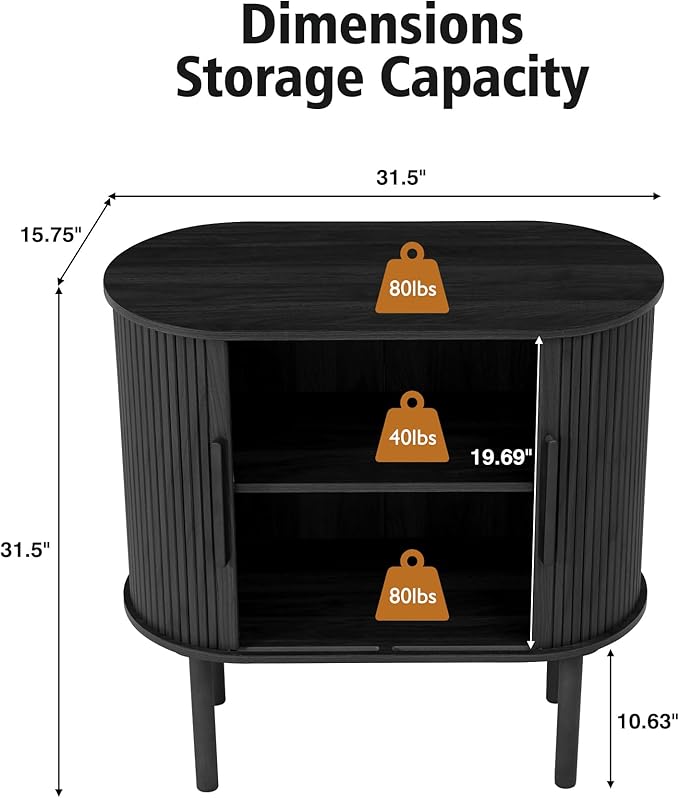 31'' Fluted Sideboard Buffer Cabinet, Modern Credenza Storage Cabinet with Slide Doors, Bar Cabinet Console Table for Living Dining Room Kitchen Hallway Entryway, Black