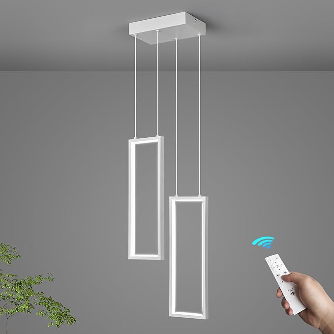 Modern Kitchen Pendant Light Fixture White 18W LED Pendant Light 2 Rings Rectangle Chandelier Pendant Lighting for Kitchen Island Living Room Dining Room Bedroom