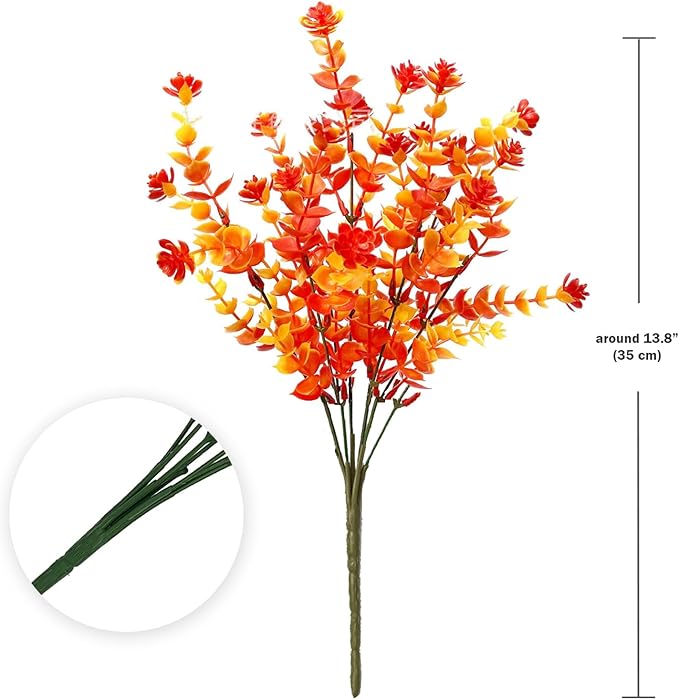 Artificial Fall Flowers for Outdoors, 10 Bundles Artificial Plants UV Resistant Fall Fake Mums Plants for Outside Halloween Christmas Porch Decoration Fall Decor(Orange(Eucalyptus))