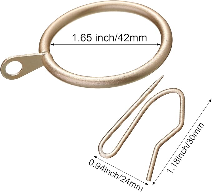 Hotop 30 Pcs Metal Drapery Curtain Rings 0.98/1.26/1.65 inch Interior Diameter and 30 Pcs Hanging Curtain Drapery Pin Hooks for Window Door Shower(42mm,Champagne Gold)