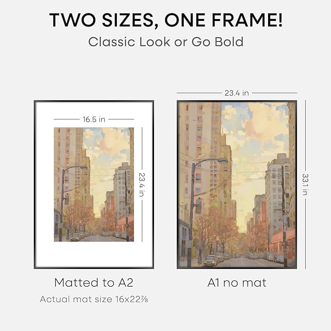 Homeforia A1 Poster Frame Black, High End Metal 23.4 x 33.1 inch Large Picture Frames with Mat 16.5 by 23.4 for Photo, A1 Size Frames Matted to A2 Print, 23.4x33.1 Thin Frame, Tempered Glass, Set of 1