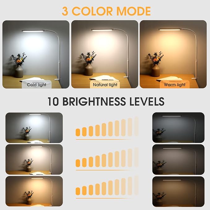LED Desk Lamp with Clamp, Eye-Caring Clip on Lights for Home Office, 3 Modes 10 Brightness, Long Flexible Gooseneck, Metal, Swing Arm Architect Task Table Lamps with USB Adapter, White