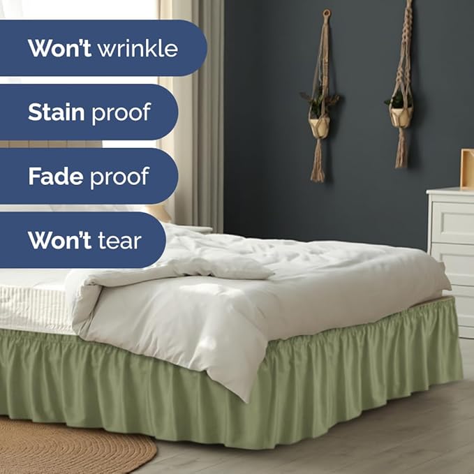 Wrap Around Dust Ruffle Bed Skirt - Sage Green - Twin/Twin XL Size Beds with 18 Inch Drop - Elastic Strap - Adjustable Pleated Bedskirt with Brushed Fabric and Wrinkle Free - Women, Men, Kids & Teens