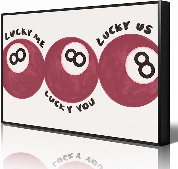 Red 8 Ball Poster, Lucky Me Lucky You Lucky Us Quote Canvas Wall Art, Playful Billiards Balls Picture Print, Retro 8ball Pool Painting for Bar Cart Game Room Man Caves Wall 16x24in Framed