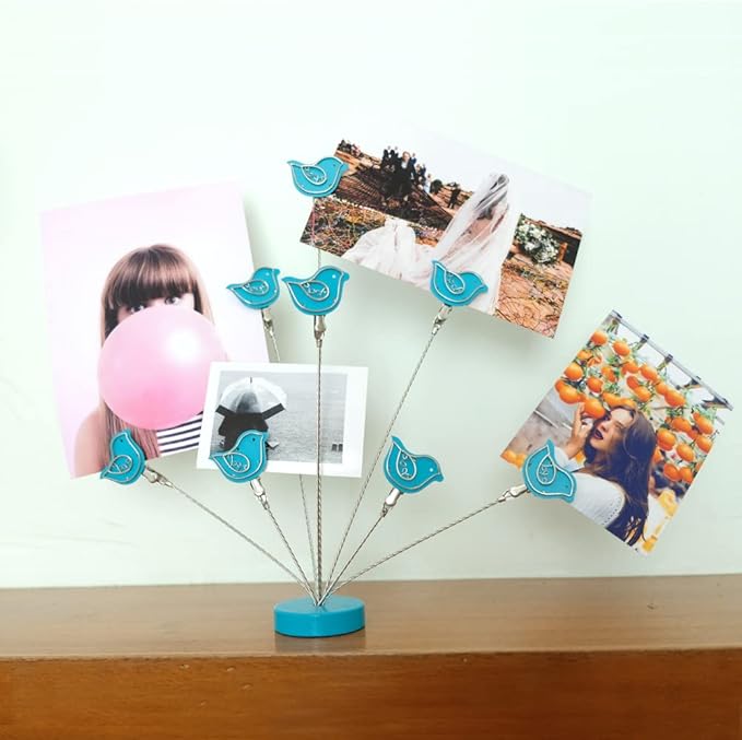 8-Branch Family Tree Picture Frame Holder, Card Photo Clips Holder Desk Stand for Memo Paper Note Photo Christmas Wedding Card Display (Blue Bird)