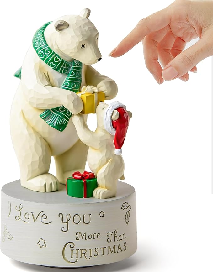 AIDLNS Christmas Polar Bear I Love You More Than Christmas-Theme Music Box, Handmade Sculpture Figurines Musical, Plays Silent Night Tune, Heartwarming Holiday Decoration for Family