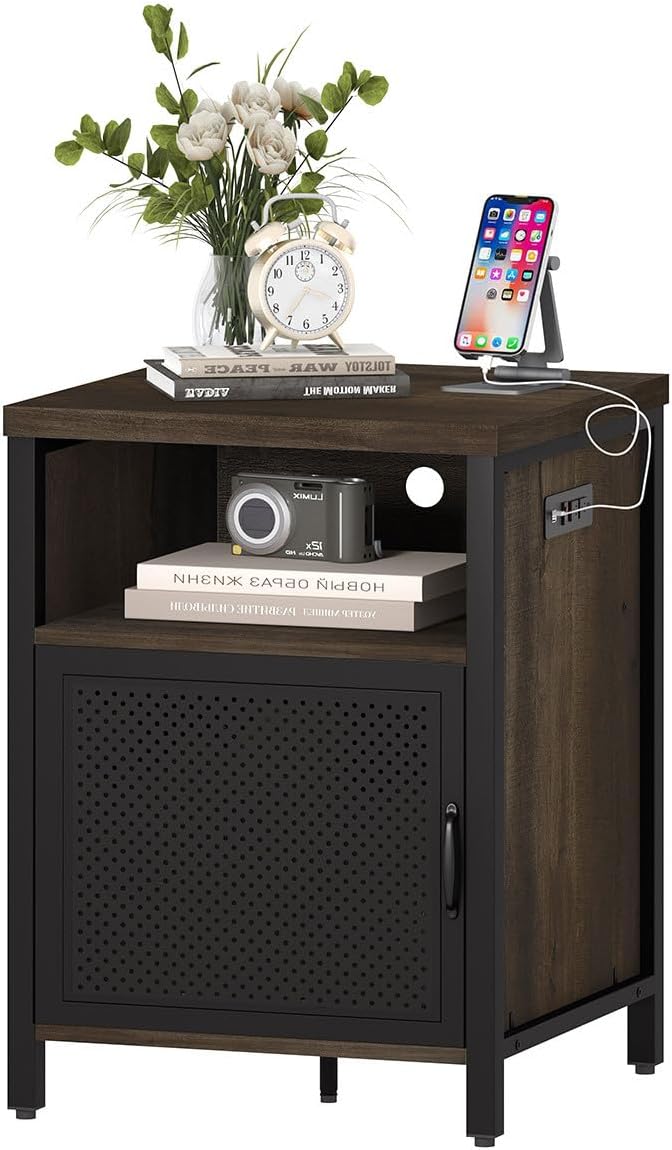 FATORRI End Table with Storage, Rustic Side Table for Living Room, Narrow Wood and Metal Bedside Tables with Door (Walnut Brown)