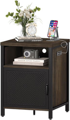 FATORRI End Table with Storage, Rustic Side Table for Living Room, Narrow Wood and Metal Bedside Tables with Door (Walnut Brown)