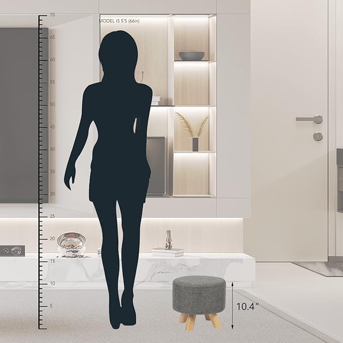 Asense Small Round Ottoman Foot Rest Stool Linen Padded Seat Footstool Ottoman with Anti-Slip Wooden Legs (Gray,Linen)